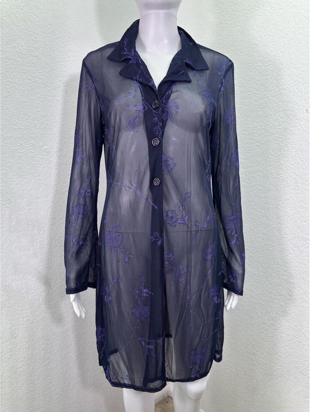 Sz 11/12 VTG Y2K Sheer DK Blue Purple Floral Duster Glitter Whimsigoth Festival